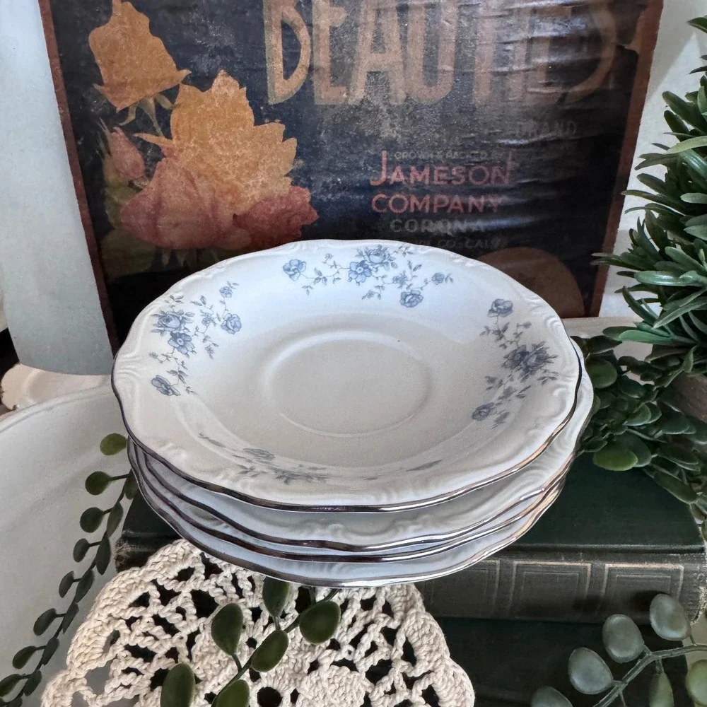 Johann Haviland Blue Garland Saucers Set of 4 Bavaria Germany Blue Rose Platinum